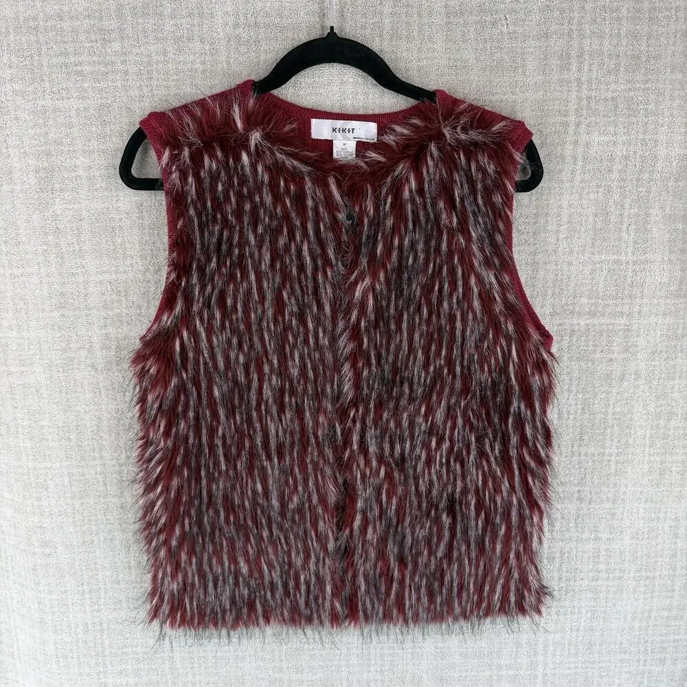 Kikit Vest Womens M Red Faux Fur Lined Full Zip Knit Short Sleeveless Casual